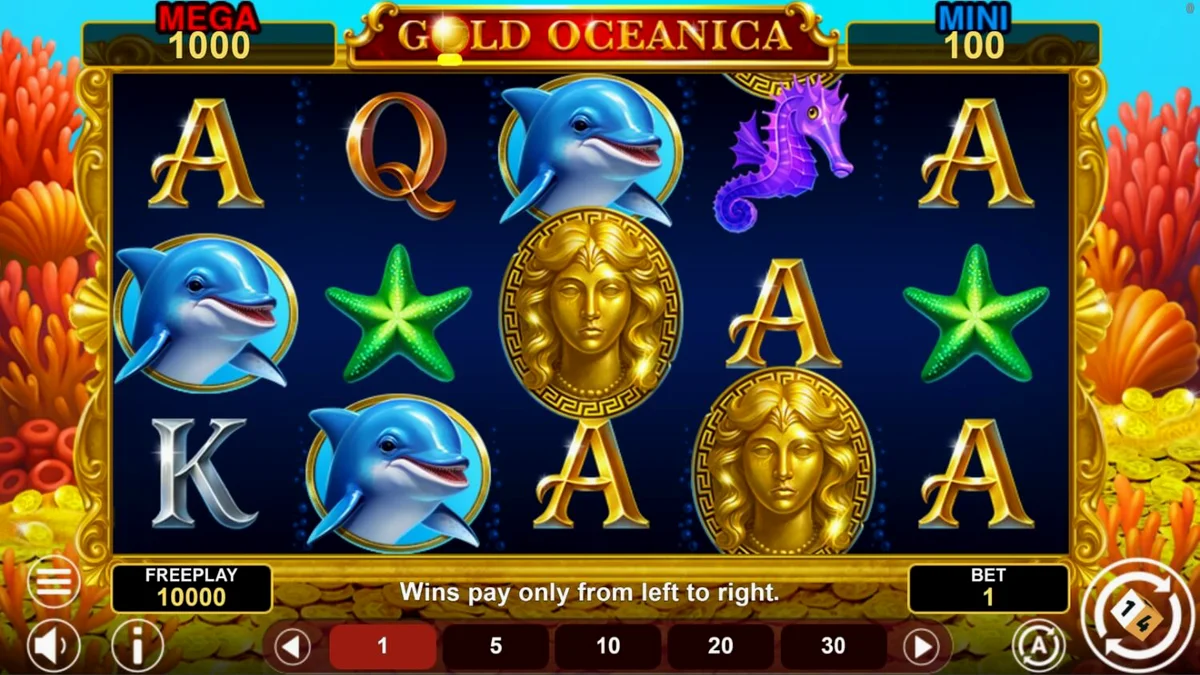 Cena subaquática vibrante do slot Gold Oceanica com a deusa Oceanica e criaturas marinhas