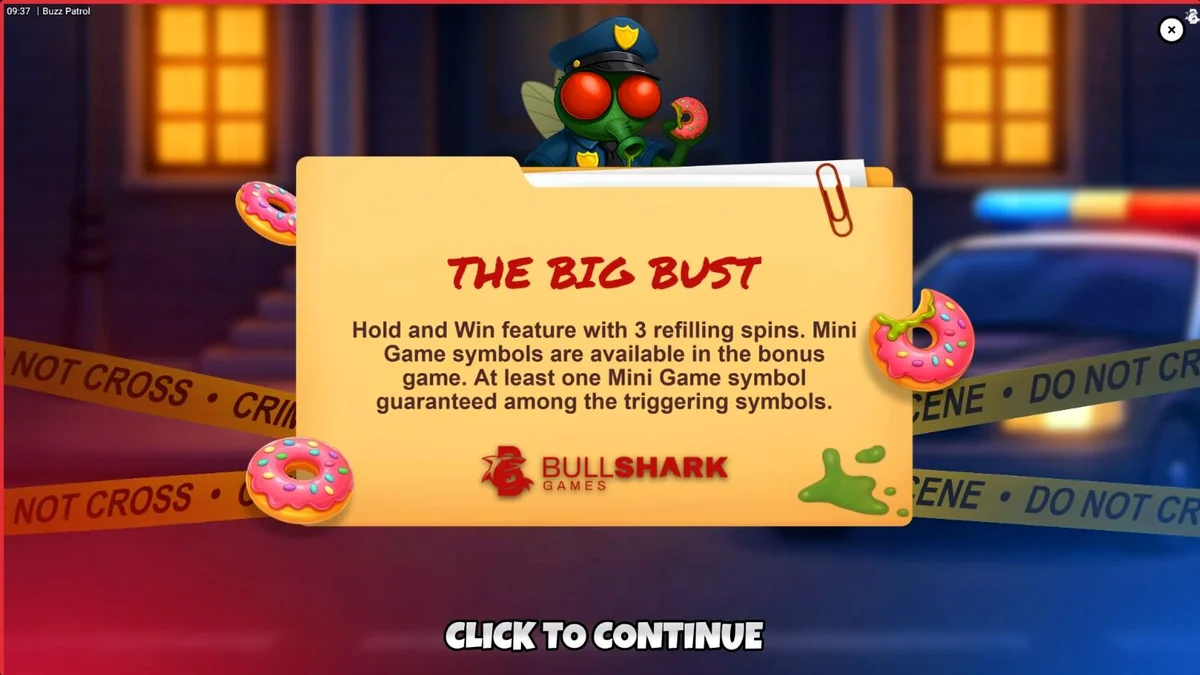 Interface colorida e animada do slot Buzz Patrol com personagens de moscas policiais.